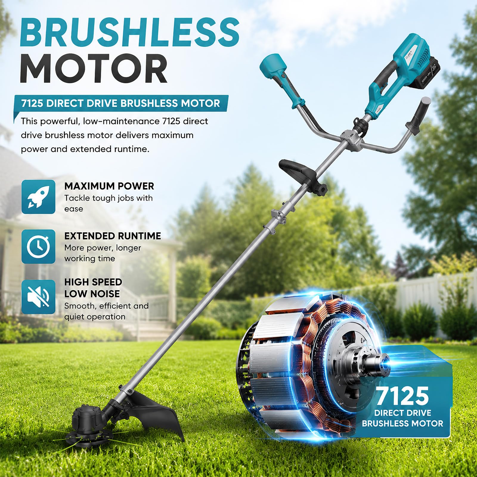 Akku Rasentrimmer Freischneider, 18-42V Bürstenloser Direktantrieb Motor, 3000mAh Akku Rasenmäher Kantenschneider Grasschneide, Multifunktionaler Gartentrimmer für Rasenpflege, Kein Akku + Ladegerät