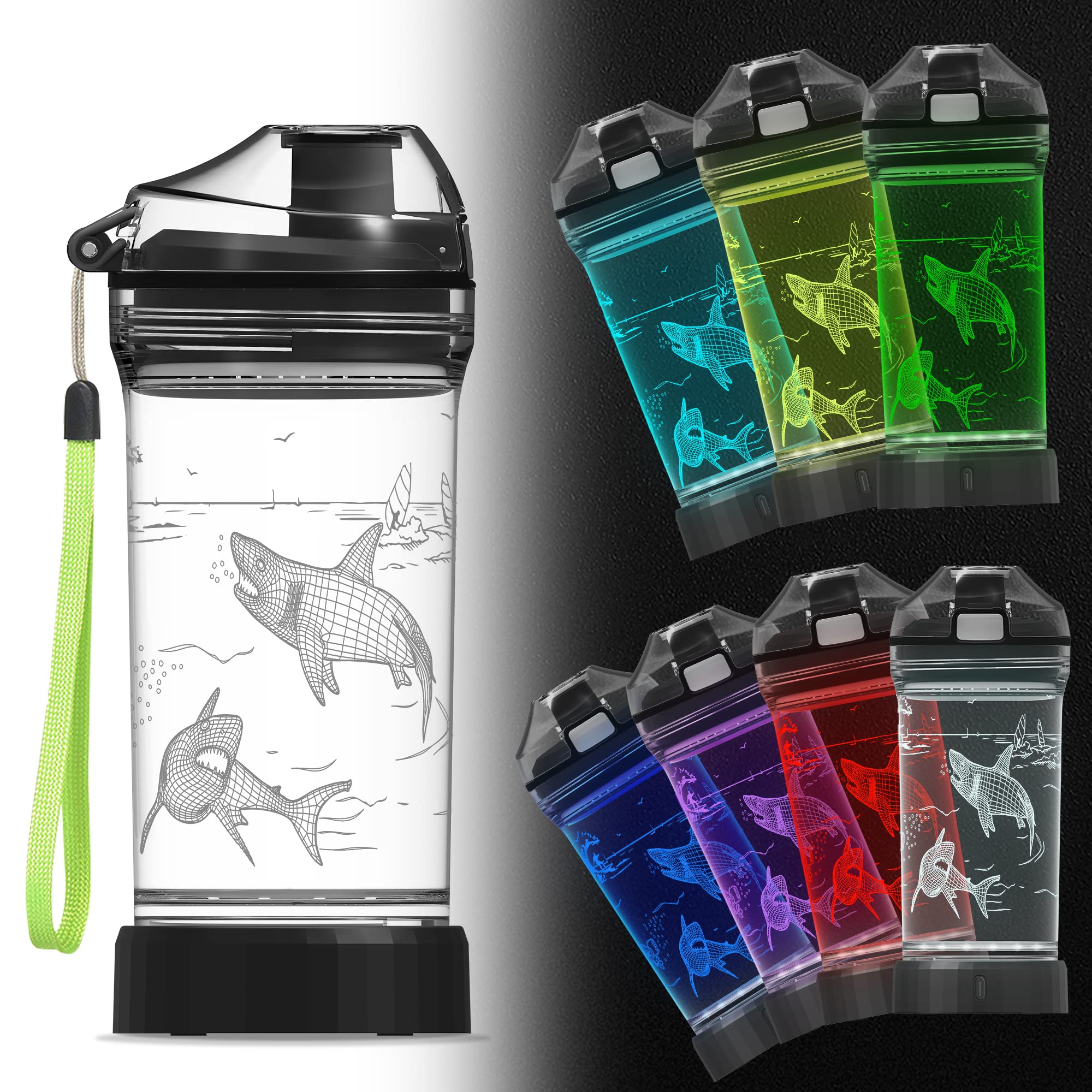 Kinder-Wasserflasche mit Hai-Motiv, mit 3D-LED-Licht, 400 ml, Tritan, BPA-frei, kreativ, Kinder, Jungen, Kinder, Urlaub, Camping, Picknick