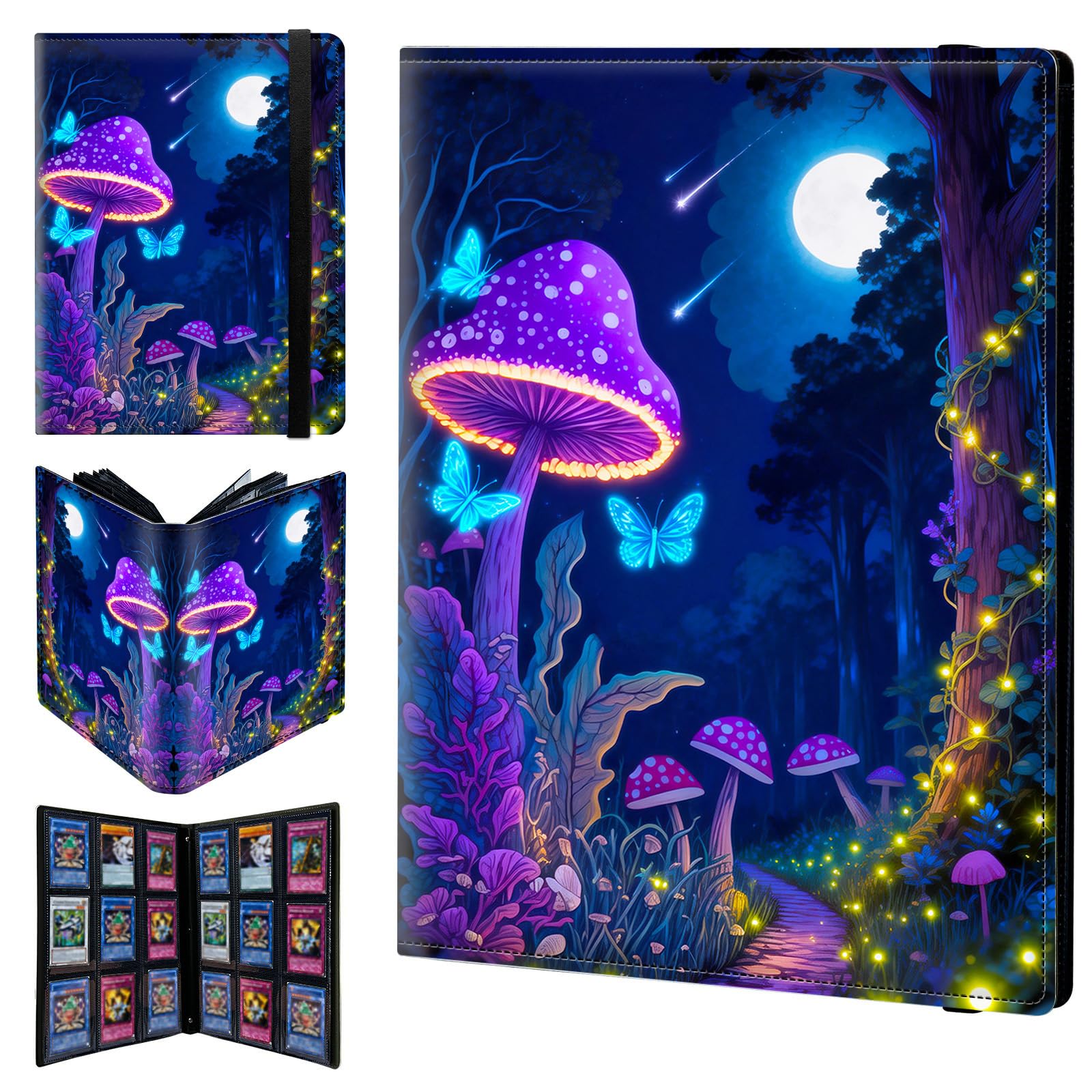 9 Pocket Trading Card Binder 900 Side Loading Pocket Album with Mushroom Forest Butterflies Pattern Design Card Binder for Sports Cards & Game Cards
