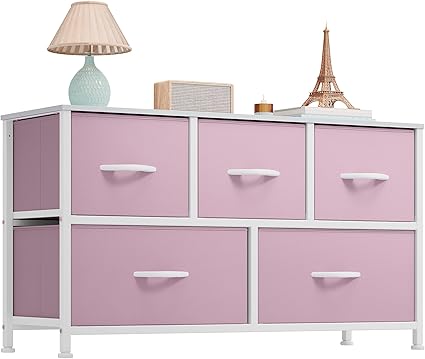 GOOBED Wide Storage Tower with 5 Drawers - Fabric Dresser, Organizer Unit for Bedroom, Living Room, Closets & Nursery - Sturdy Steel Frame, Easy Pull Fabric Bins & Wooden Top (Pink)