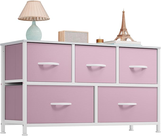 GOOBED Wide Storage Tower with 5 Drawers - Fabric Dresser, Organizer Unit for Bedroom, Living Room, Closets & Nursery - Sturdy Steel Frame, Easy Pull Fabric Bins & Wooden Top (Pink)