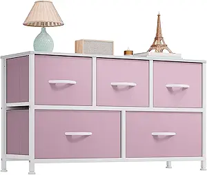 GOOBED Wide Storage Tower with 5 Drawers - Fabric Dresser, Organizer Unit for Bedroom, Living Room, Closets & Nursery - Sturdy Steel Frame, Easy Pull Fabric Bins & Wooden Top (Pink)