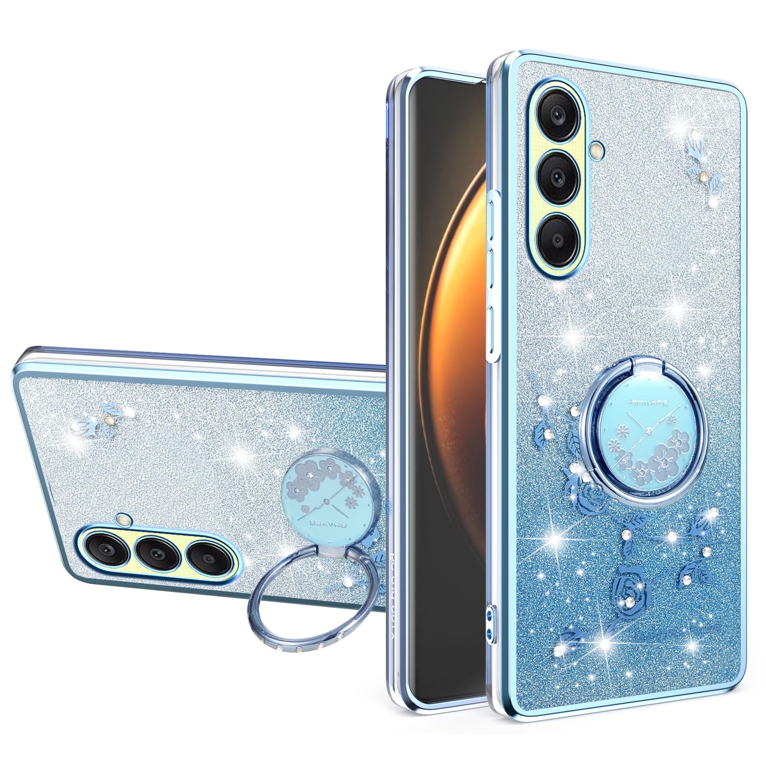 MRRSIWEI for Samsung Galaxy A56 Case for Women Girls, Luxury Plating Bling Glitter Sparkle Flowers Shockproof Case with Ring Stand for Samsung Galaxy