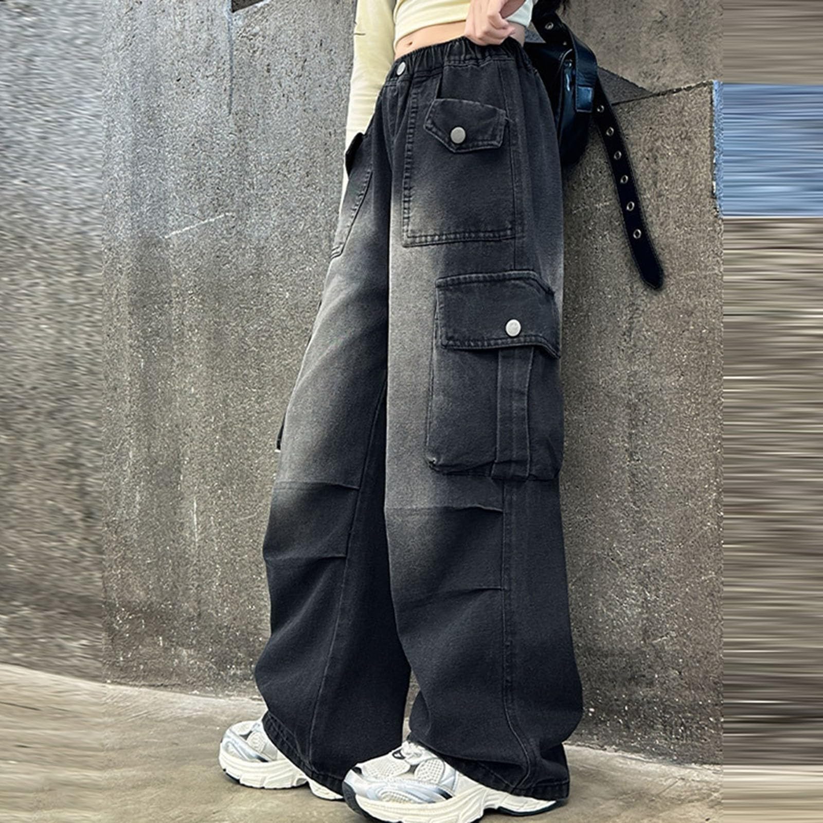 Baggy Cargo Jeans Mädchen Weites Bein High Waist Teenager Cool Jeans Hip Hop Cargohosen Gummibund Vintage Lässige Soft Jeanshose Retro