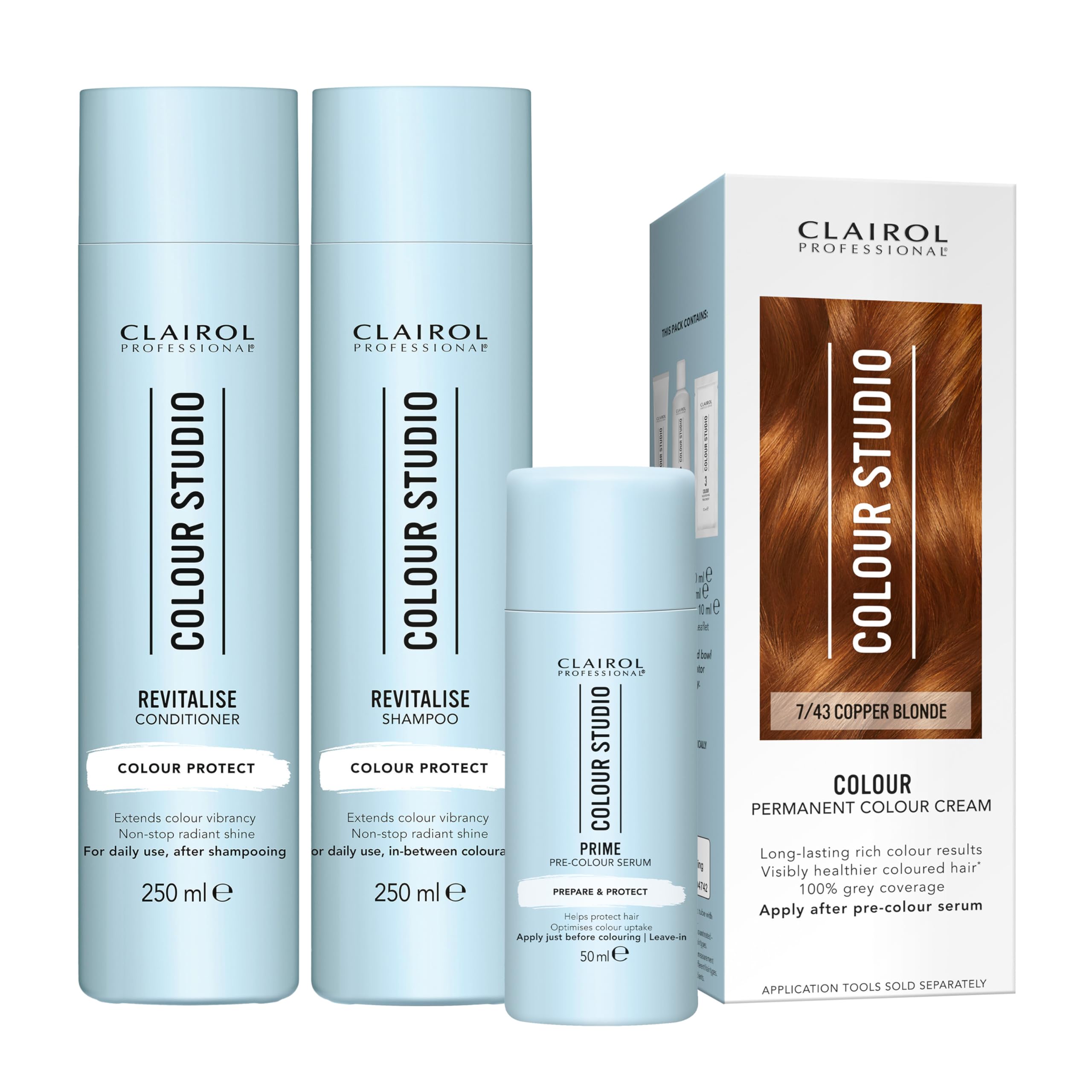 Colour Studio Permanent Colour Cream Hair Dye Long-lasting Rich Tones 100% Grey Coverage Hair Colouring Kit 3-step Hair Colour Routine 7/43 Copper Blonde