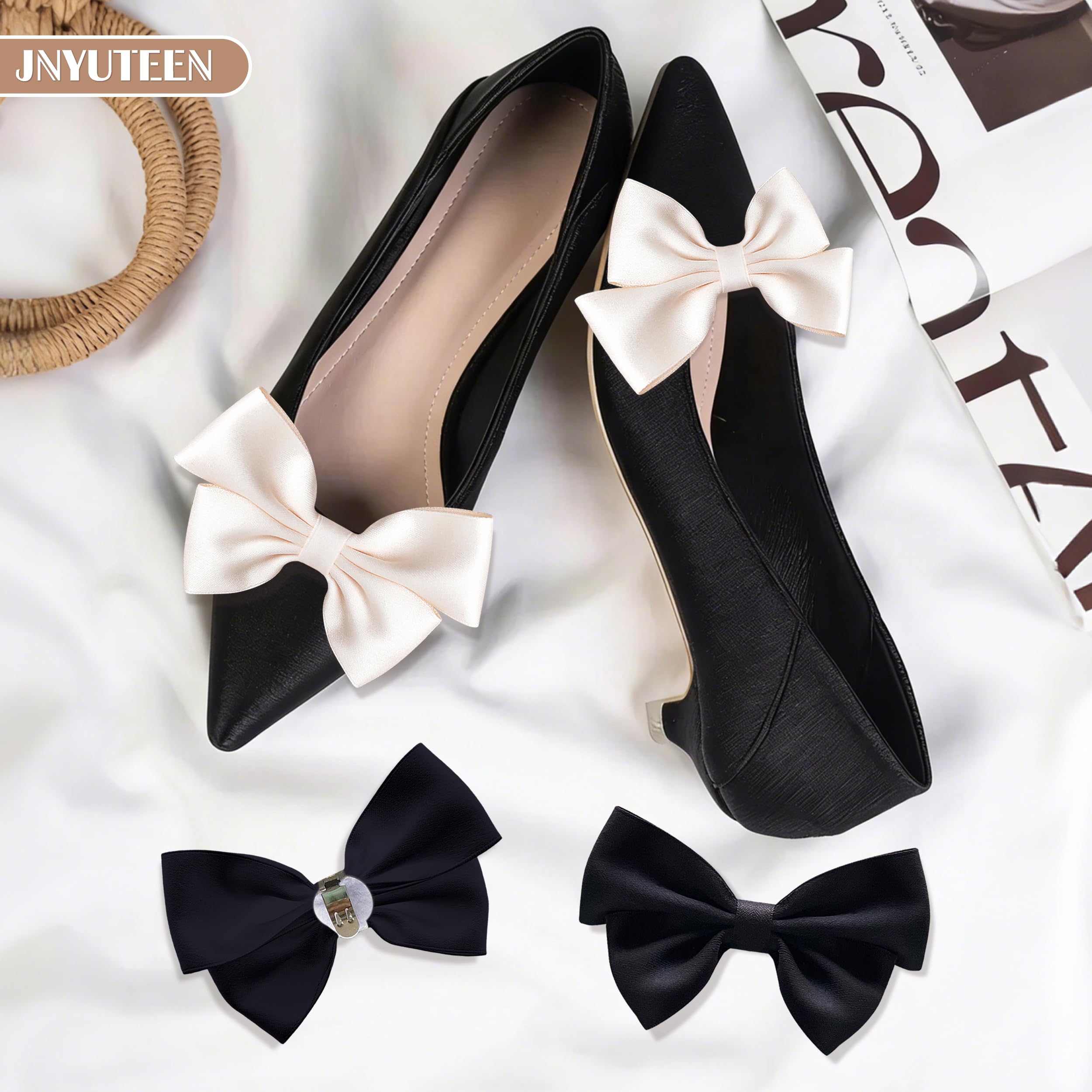 2 Pares Clips de Lazo para Zapatos, Negro Blanco Lazo Extraíble Clips para Zapatos Mujer, Clips de Satén Decorativos para Zapatos de fiestas Tacones Bailarinas Salones Ropa — view 4