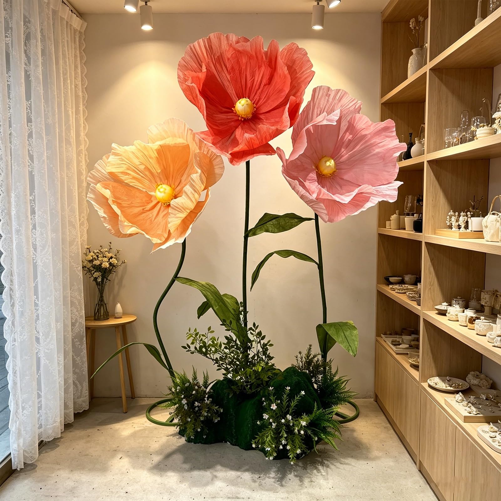Riesiger Künstliche Blumen‑Mohn 1,8M Große Papierblume mit Basis und Biegsamem Stiel Handgemachte Blumendekoration für Hochzeitshintergrund, Schaufenster, Fotobox, Frühlingsparty(White)