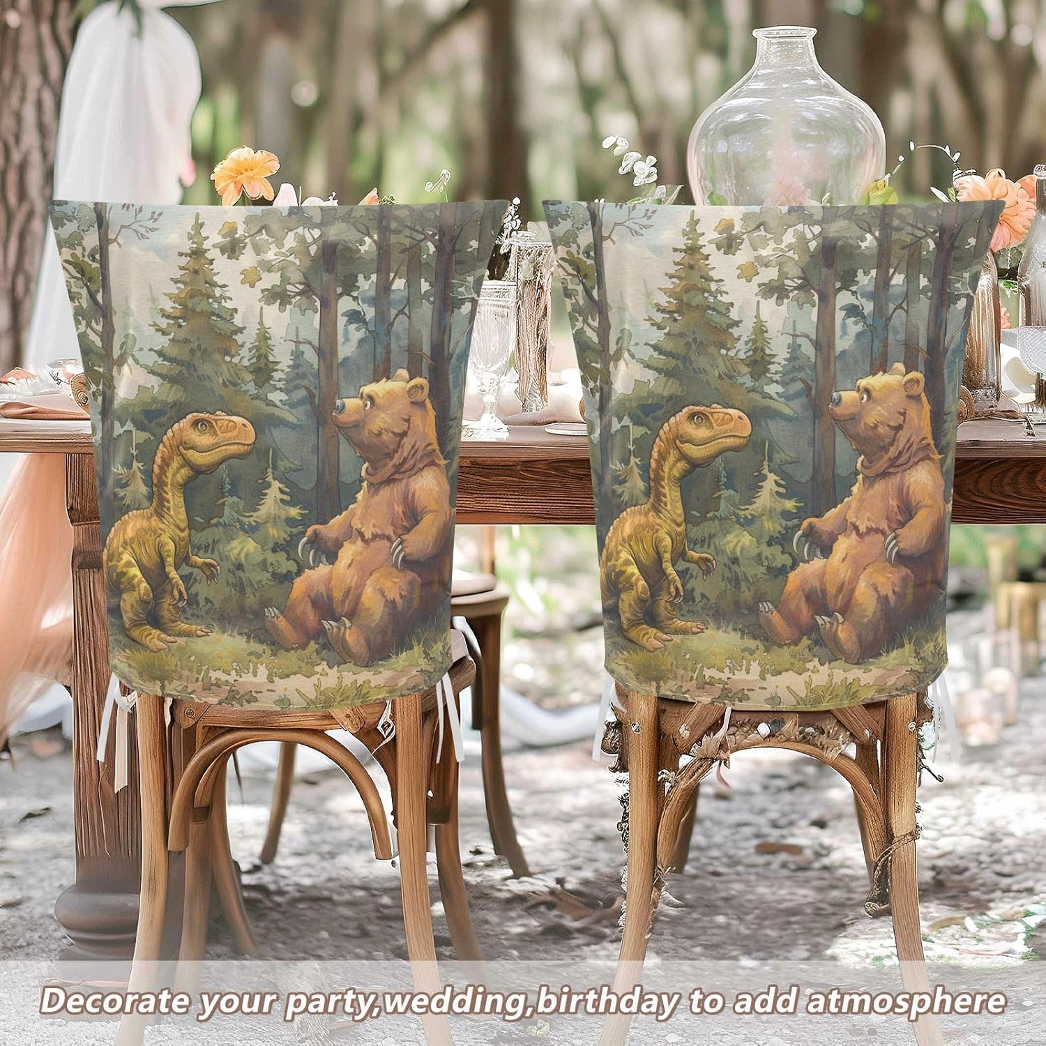 ALAZA Dinosaur and Cute Bear Chair Back Cover Set of 6, Washable Reusable Removable Chair Slipcovers Decorative Chair Cover for Home Kitchen Wedding Party