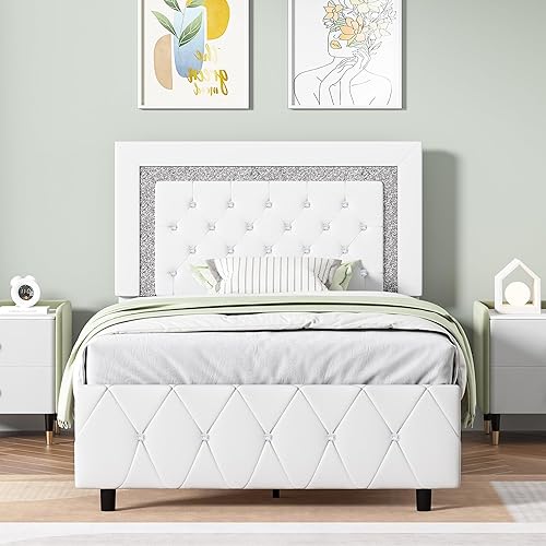 BarnFurin Twin Bed Frame with Headboard, Faux Leather Upholstered Bed with Diamond Tufted Design, Princess Twin Bed Frames for Kids, No Box Spring Required, Easy Assembly, White