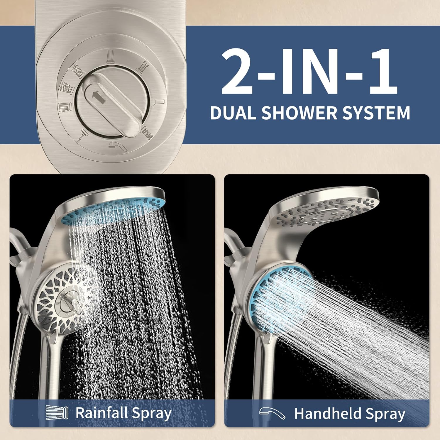 KAIYING Magnetic Rain Shower Head with Handheld Spray Combo, High Pressure Magnetix Dual Shower Head with 9 Spray Modes, Bathroom Big Modern Waterfall Showerhead with 5 Settings (Brushed Nickel)