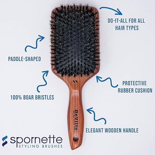 Miniatura 5 de Spornette Deville Cushion Paddle Brush - Cepillo de cerdas de jabalí con mango de madera, para alisar, alisar, desenredar, peinar y cepillar para