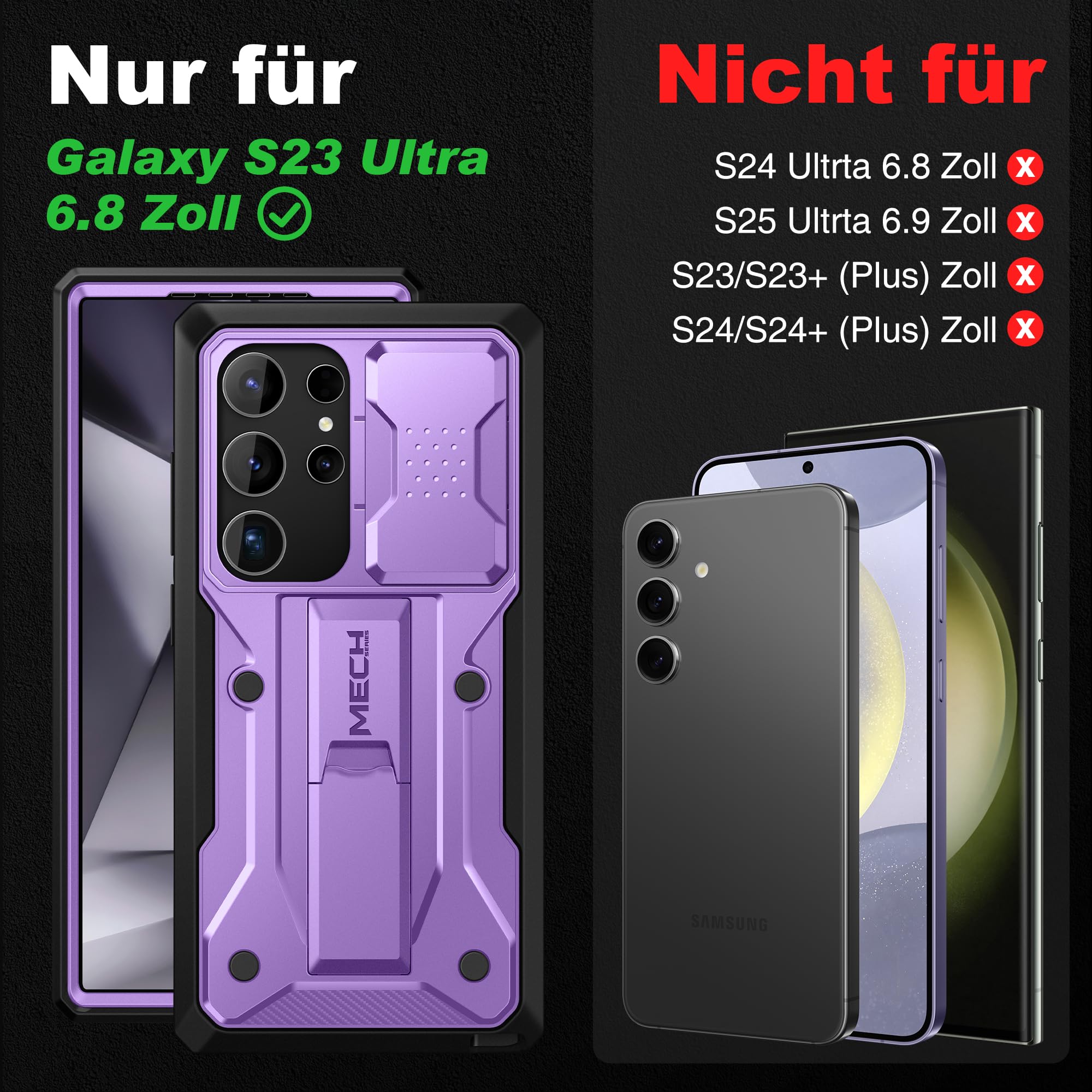 Tongate für Samsung Galaxy S23 Ultra Hülle, [Schiebekamera-Abdeckung & Bildschirmschutz] [2 vordere Rahmen] Militärstandard Stoßfeste S23 Ultra Handyhülle mit Kickstand & Gürtelclip 6,8 Zoll, Lila