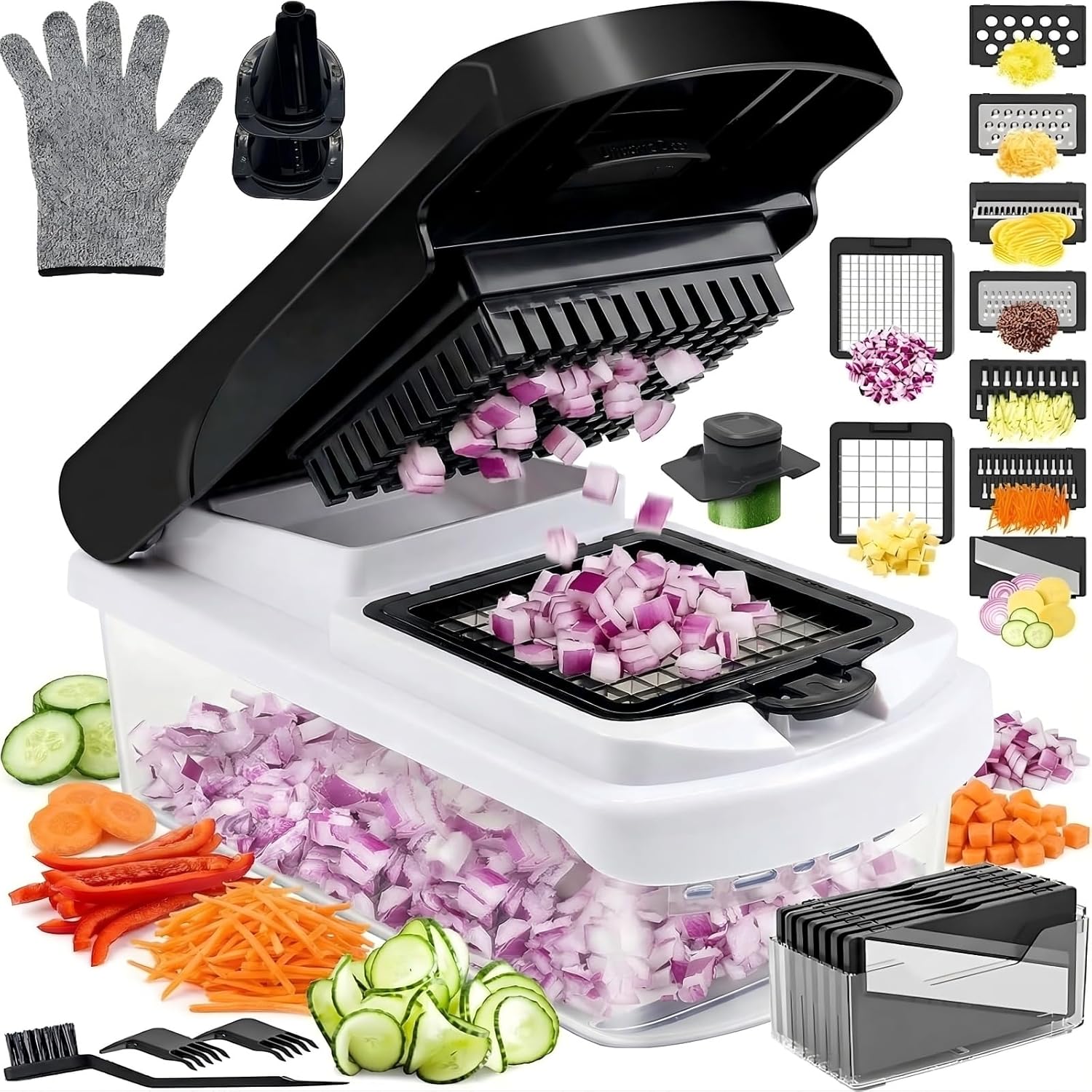 17-IN-1 VEGETABLE CHOPPER Mandoline Slicer for Kitchen, Multifunctional Vegetable Cutter with Large Container & Lid, Stainless Steel Blades, 9"×4.3"×4.5", 1.34lbs, for Salad Meal Prep & More