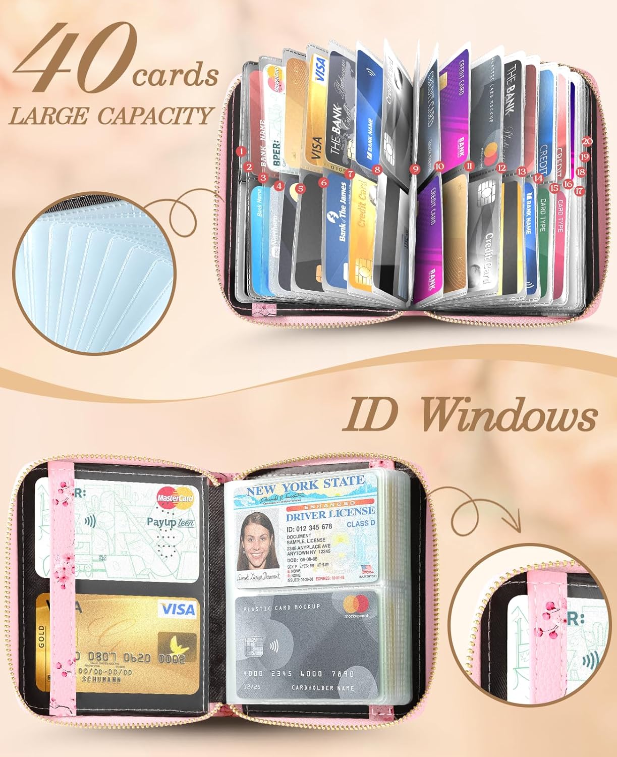 Bistup 【40 Slots Credit Card Holder for Women Girls Cute RFID Blocking Card Organizer Leather Cardholder Protector for Lady Female Large Capacity Size Big Zipper Wallet Flower Pretty Aesthetic - Image 3