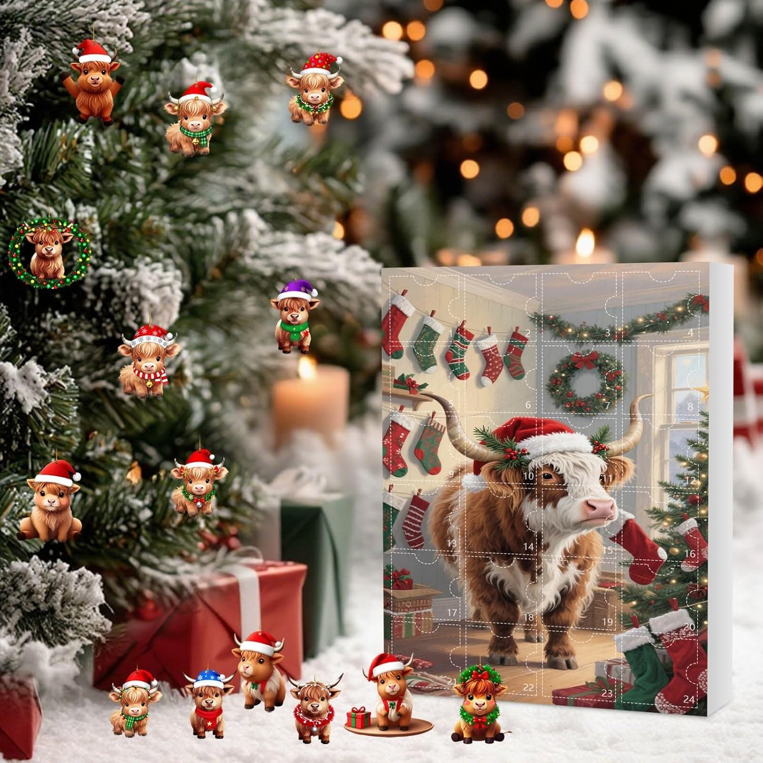 Calendario dell'avvento 2025 con 24 giorni per conto alla rovescia di Natale, con statuetta di mucca delle Highlands, con 24 decorazioni natalizie