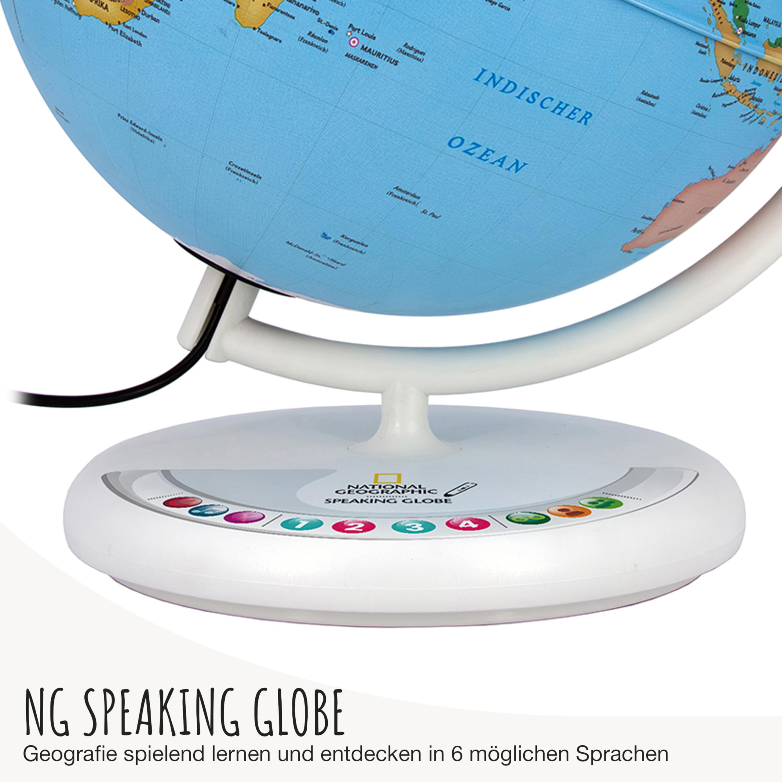 National Geographic Speaking Globe - Globo terráqueo luminoso interactivo de 25 cm con lápiz de audio para información y juegos, globo luminoso con cartografía política alemana