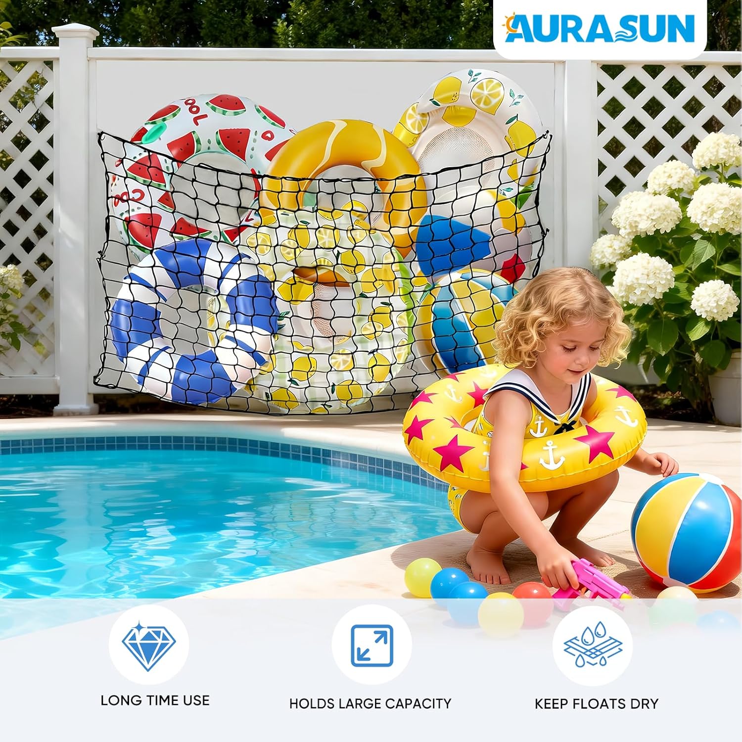 AURASUN 71" L x 47" W Pool Toy Float Storage Net for Fence - Elastic Net Outdoor Floats Holder Includes Hooks and Ties - for Inflatable Rafts, Pool Rings, Noodles, Balls