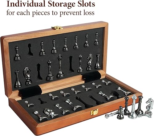 Miniatura 4 de Juego de ajedrez de metal para adultos y niños, tablero de ajedrez plegable de madera de 12 pulgadas y piezas de metal, juego de ajedrez portátil de