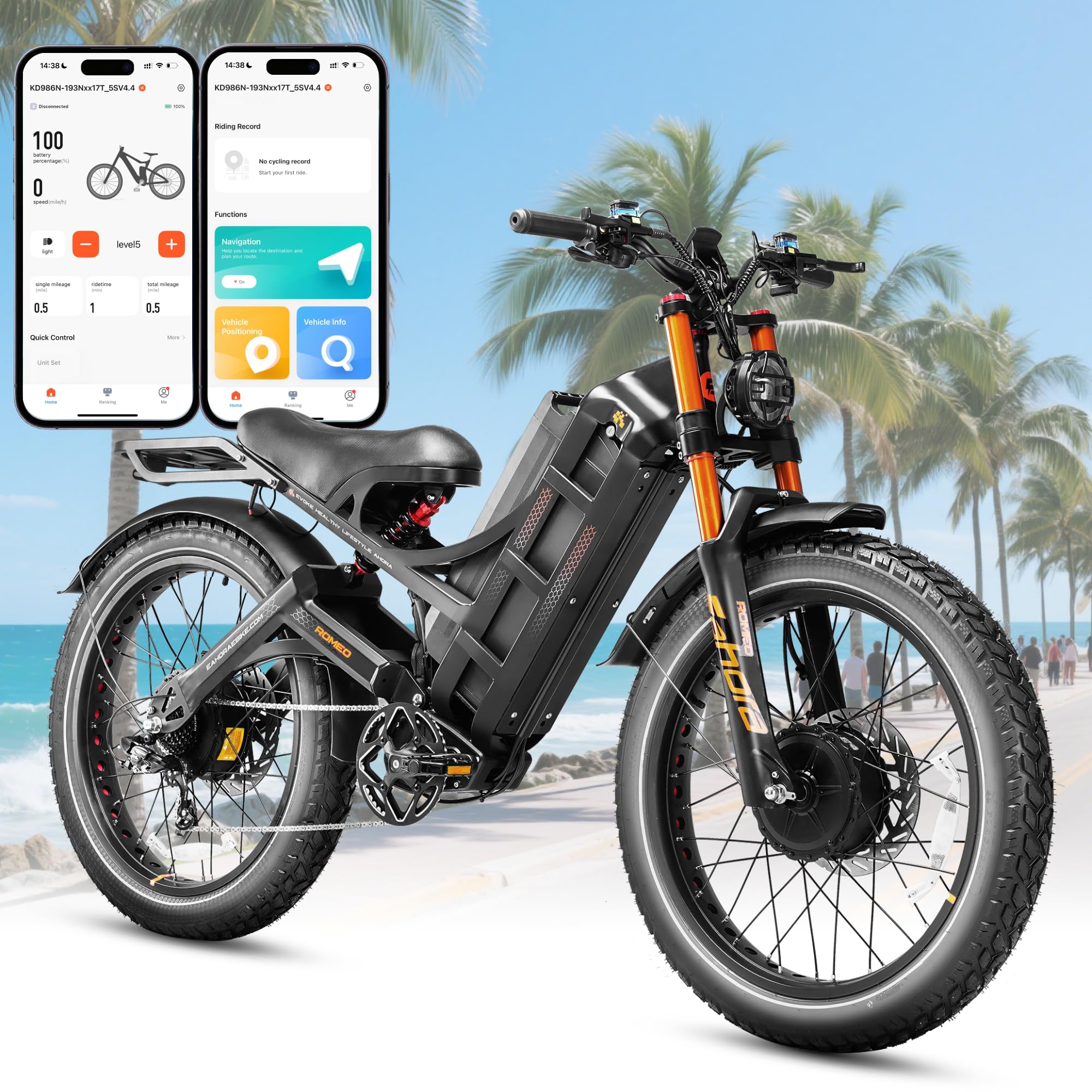 eAhora Romeo Pro 3/2 [2025] 46-50 Mph Electric Bike for Adults, Peak 5600W Dual Motor Ebike, 60V 80Ah 250 Miles Long Range E Bike, 26”*4.0 Fat Tire Air Full Suspension Off-Road E-Bike