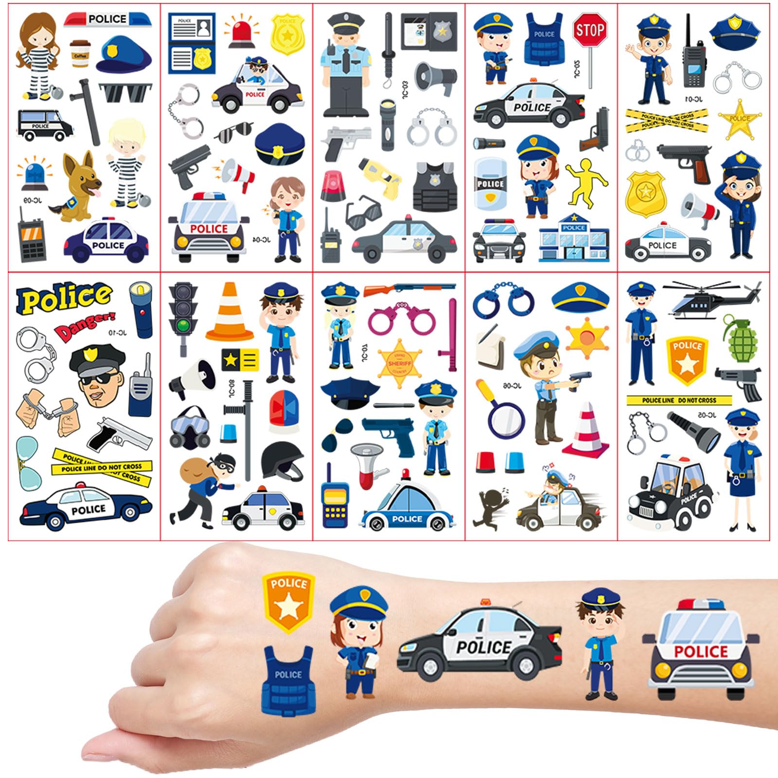 Polizei Tattoos für Kinder, 10 Blätter Polizeiauto Temporäre Tattoos, Kinder Tattoo Hautfreundlich, Schultüte Füllung, Mitgebsel Kindergeburtstag