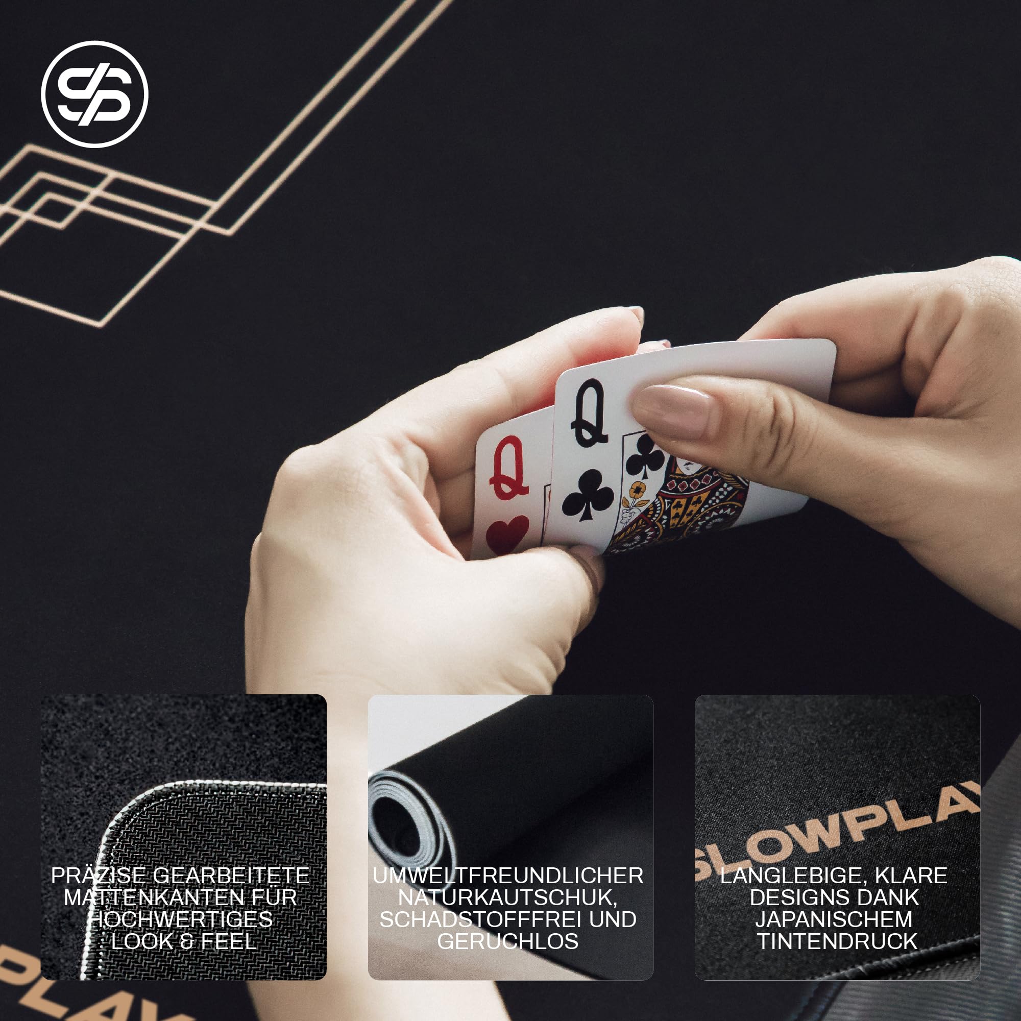 SLOWPLAY Godel Pokermatte, wasserabweisend, pflegeleicht, Schwarz/Gold | Glatte Premium-Oberfläche; Karten gleiten leicht; rutschfeste Gummibasis; geräuscharm; Tragetasche; minimalistisches Design