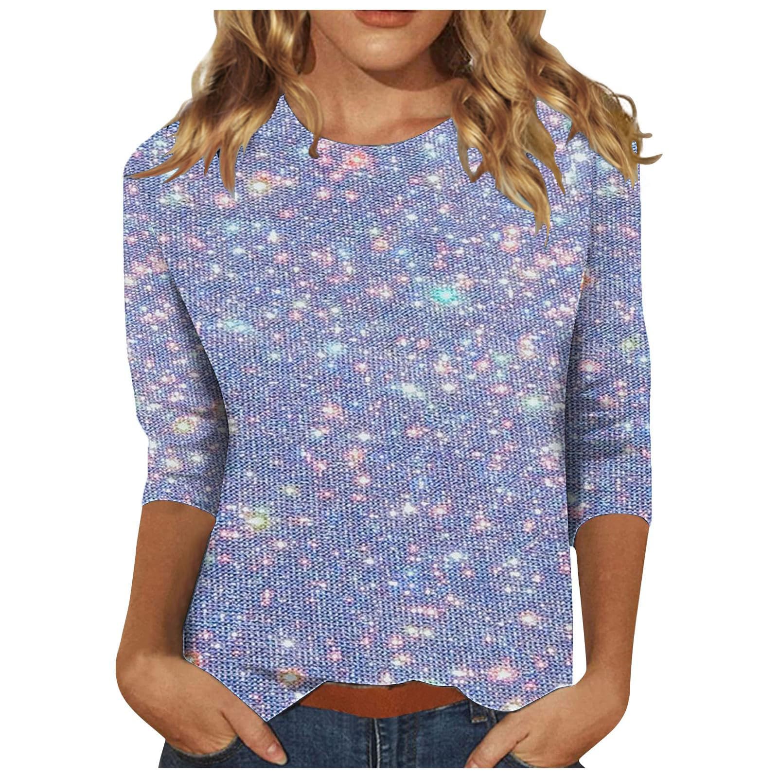 Dyhxuan Camiseta para mujer elegante con lentejuelas, túnica festiva fiesta con purpurina, parte superior de manga 3/4, blusa de verano con cuello redondo con lentejuelas estampadas, blusa de verano,