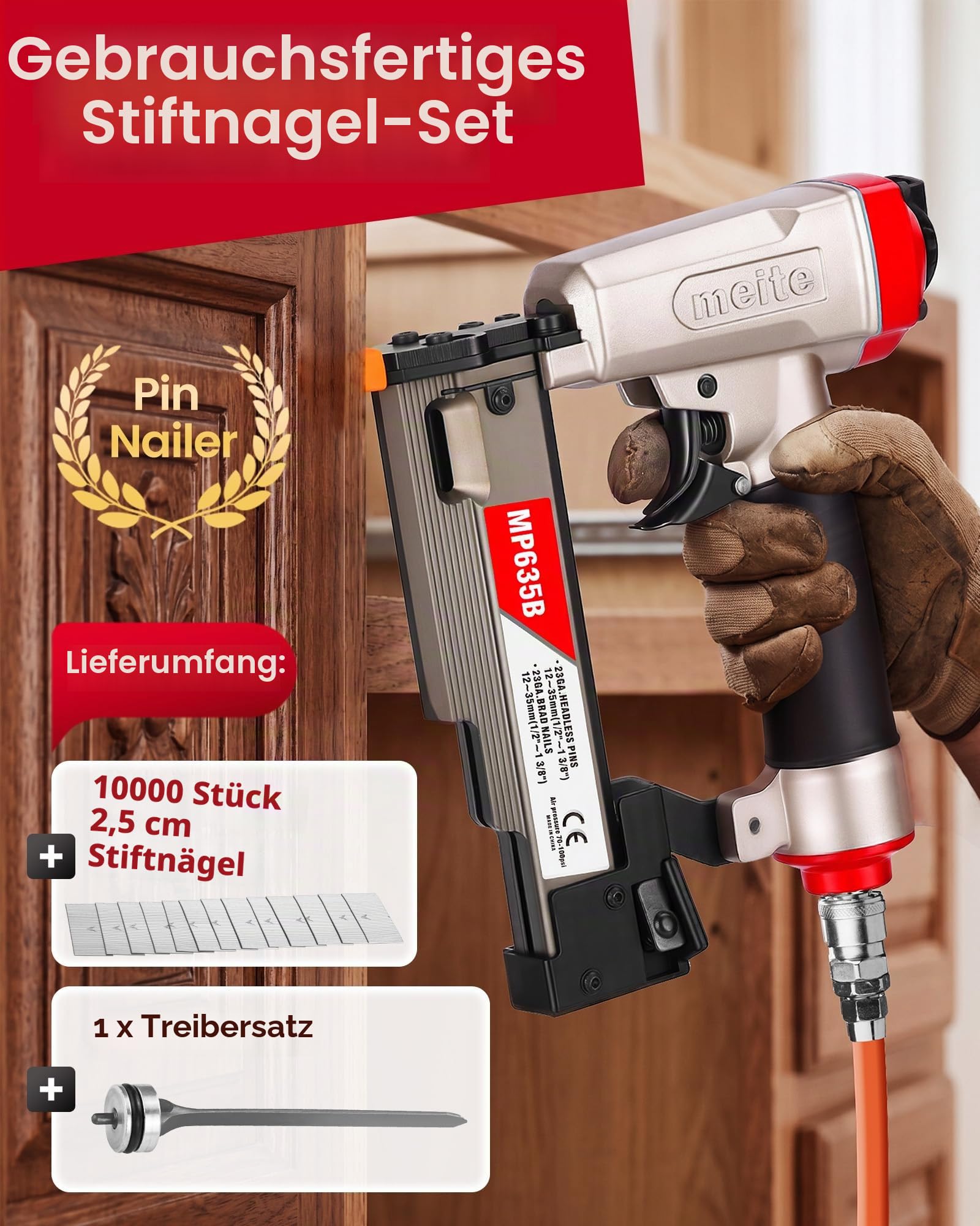 meite MP635B Druckluft Stiftnagler mit 10000 Stück 23 Ga 25 mm Kopflose Stifte, Kompakte für 12–35 mm Länge, Druckluft-Nagelpistole Kompakte für Zierleisten, Bilderrahmen und Feine Holzarbeiten
