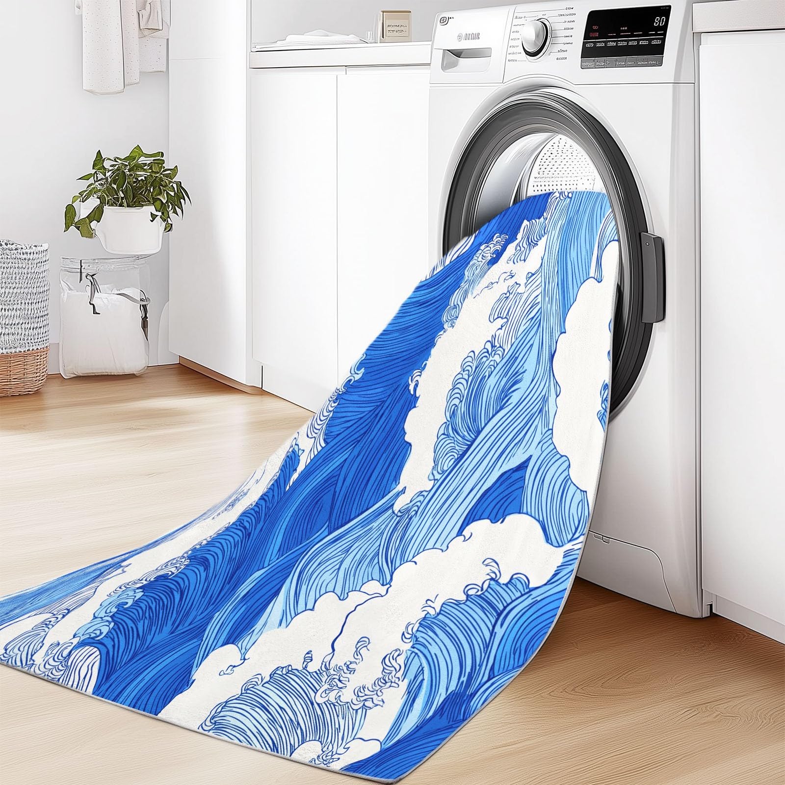 Generico Dywan można prać w pralce do salonu Dywany 160 x 230 cm Hokusai Fale linie Sztuka, puszyste antypoślizgowe miękkie niskie runo, do przedpokoju sypialni i kuchni niebieski