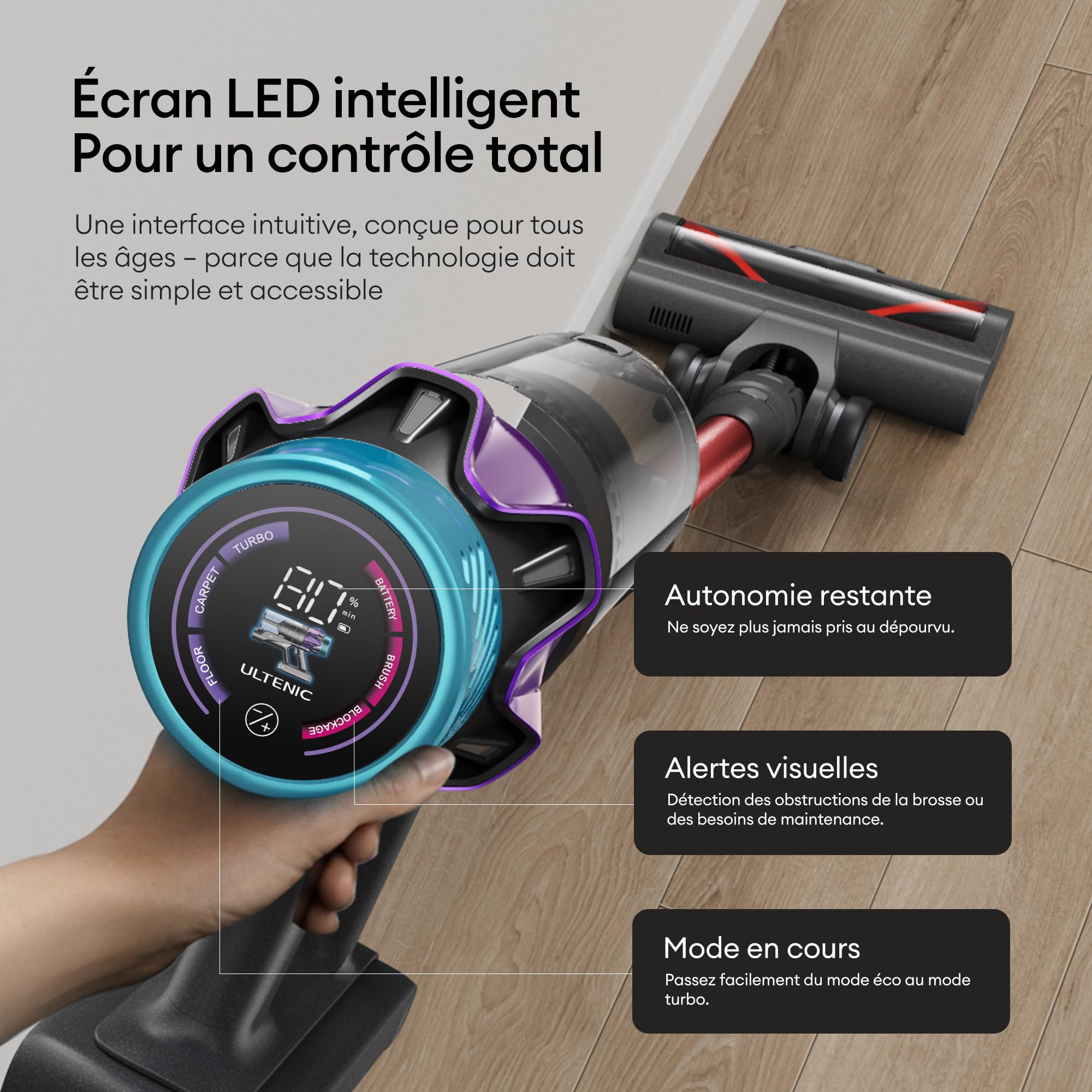 Ultenic U18 Pro Aspirateur Balai sans Fil | 55kPa Puissant Poils d'animaux | GreenEye | 80min Autonomie | HEPA H13 Anti-Allergie | Tube Pliable | Maison & Voiture
