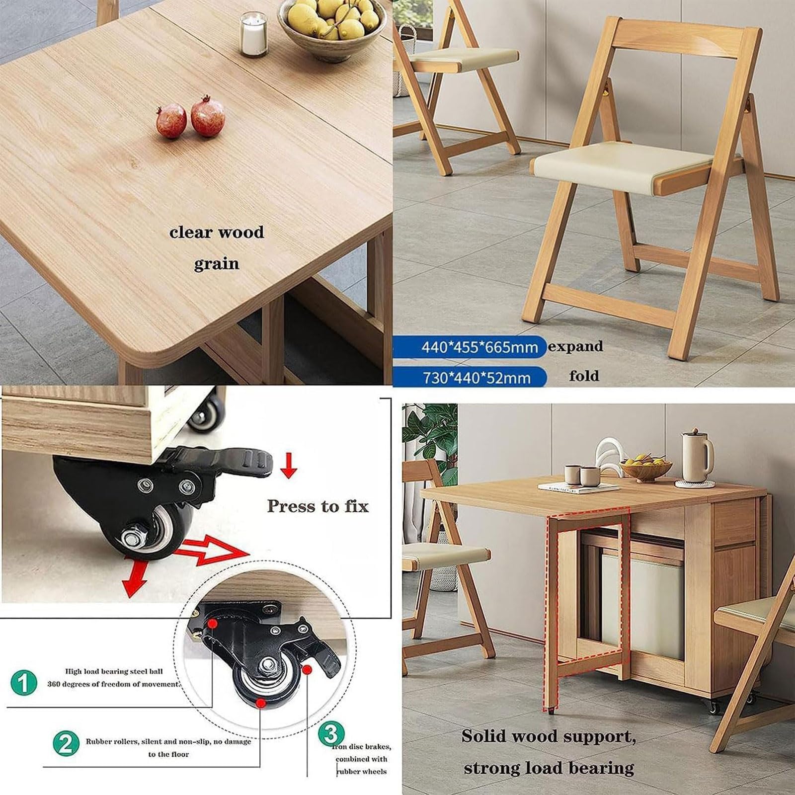 Juego de Mesa de Comedor Plegable, Comedor Extensible Que Ahorra Espacio con 2 cajones de Almacenamiento Ocultos y 4 Ruedas, Mesa Auxiliar abatible for Apartamentos y hogares