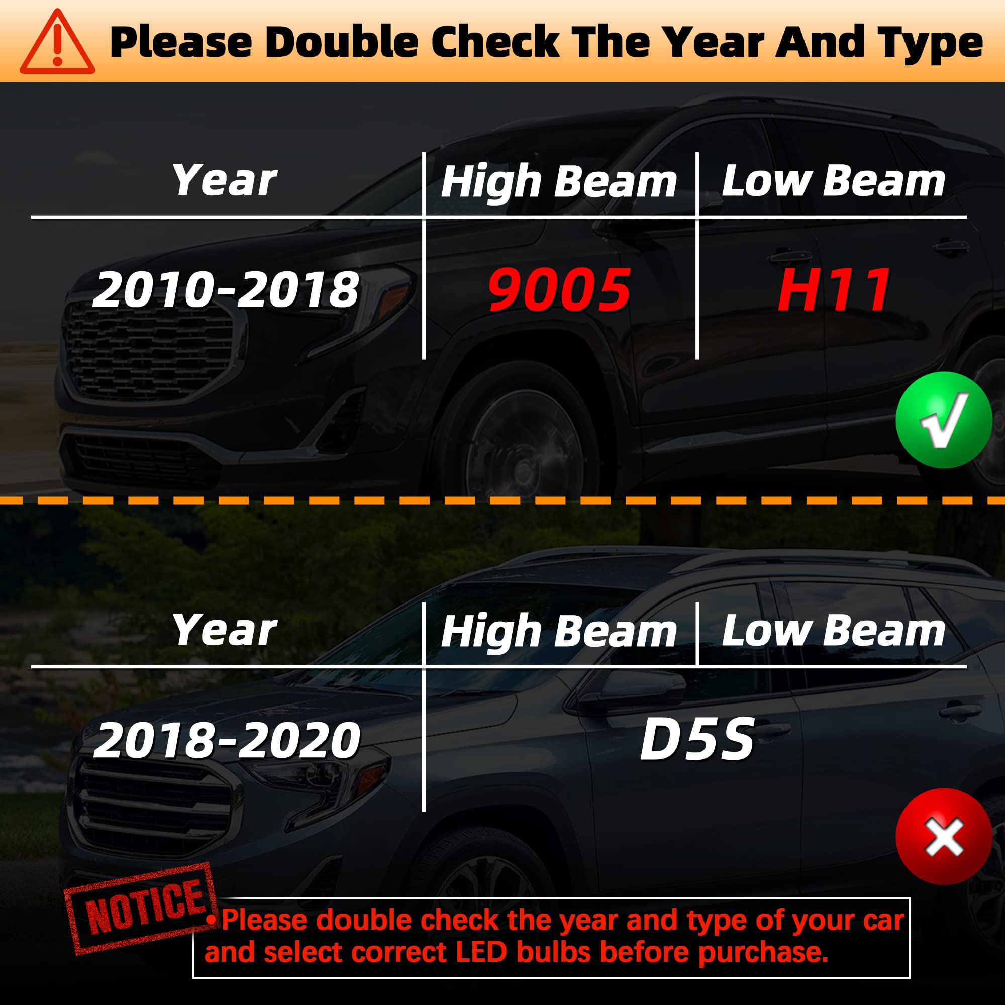 SPBRTBUB Led Headlight Bulbs, compatible with (2010-2018) GMC Terrain led headlights, 9005/hb3 High Beam & h11/h8/h9 Low Beam LED Headlight Bulbs, Pack of 4