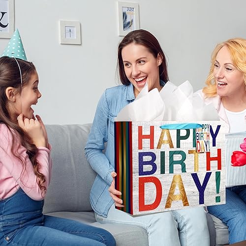 Miniatura 5 de POPGIFTU Juego de bolsas de regalo de cumpleaños extra grandes de 16.5 pulgadas con tarjeta de felicitación, papel de seda y etiqueta, bolsas de