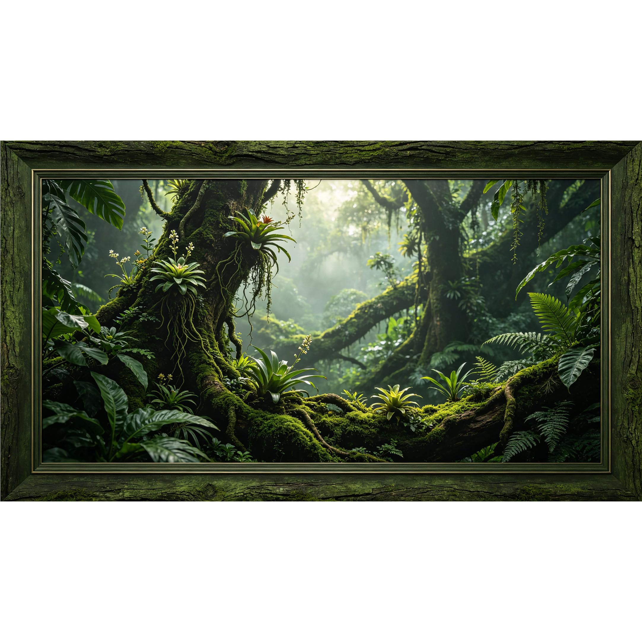 QZLITHOTIC 50×100cm 3D Framed Wall Art， Tropical Jungle Lush Green Fern Moss Forest Self?Adhesive Mural， Water?Activated Peel & Stick Fabric Decor Wall Decal for Bedroom Living Room