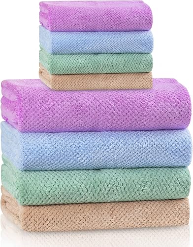 OLESTER Juego de toallas de microfibra de 4 colores Súper suave y absorbente, secado rápido, ligero, 4 toallas de baño, 4 toallas de mano para