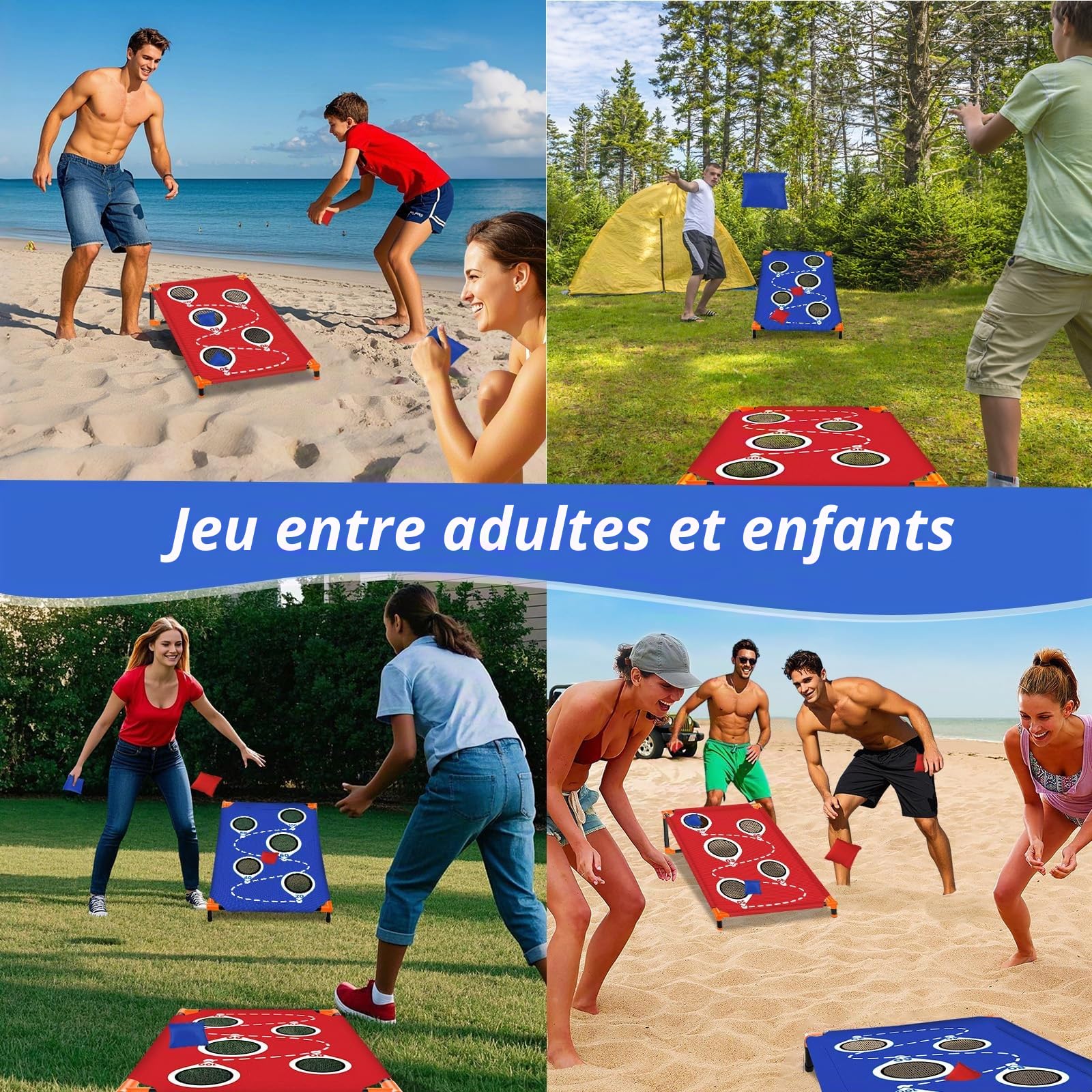 Jeu de Cornhole Portable Sacs de Cornhole d'extérieur avec Cadre en PVC et Cinq Trous pour marquer des Points pour Enfants/Adultes, Jardin, pelouse, Jeux de Plage, Camping, Jeux de Plage
