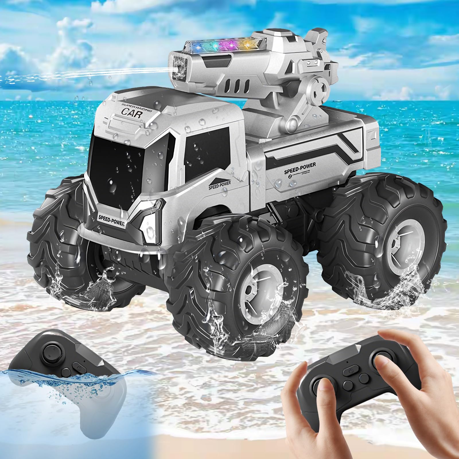Coche Teledirigido Anfibio con Cañones de Agua, 2.4 GHz RC Coche Teledirigido 360° Rotación y Luces LED, Batería Doble Todoterreno Teledirigido 4x4 Regalo Niños 6 7 8 9 10 11 12 Años