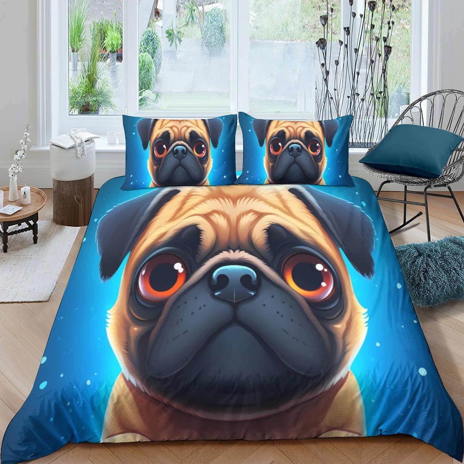Ctjqhvkz Style-3 3D Printed Cartoon Pug Fitted Sheet Microfiber Soft Blue Dog Bed Cover For Bedroom Guest Room Dorm Mattress Protection Decor Single（135X200cm）