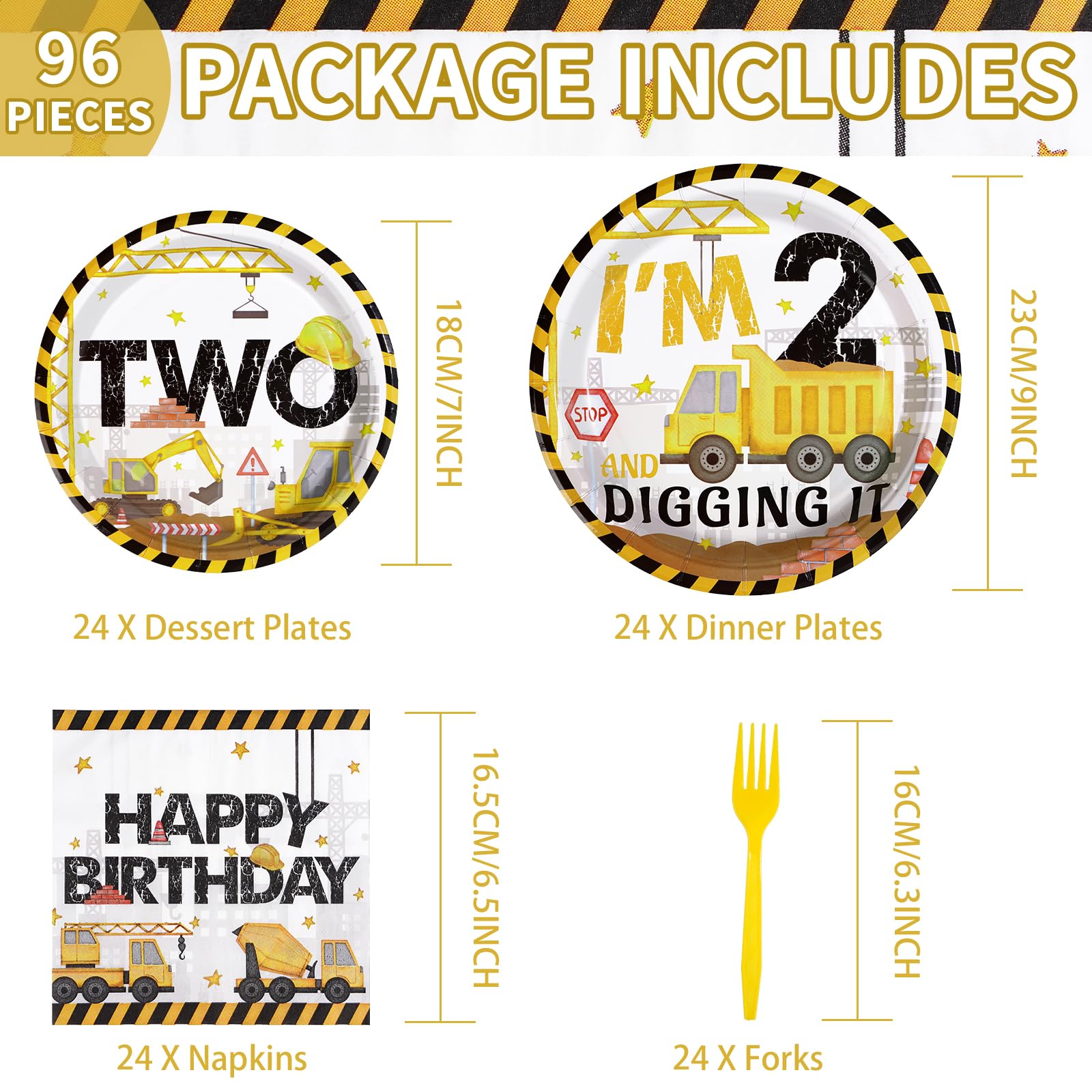 96 Pcs Construction 2nd Birthday Party Supplies Construction Truck Plates and Napkins Tableware 350GSM Excavator Birthday Decorations Favors for Boys Tractor Dump Two Years Old Birthday, Serves 24
