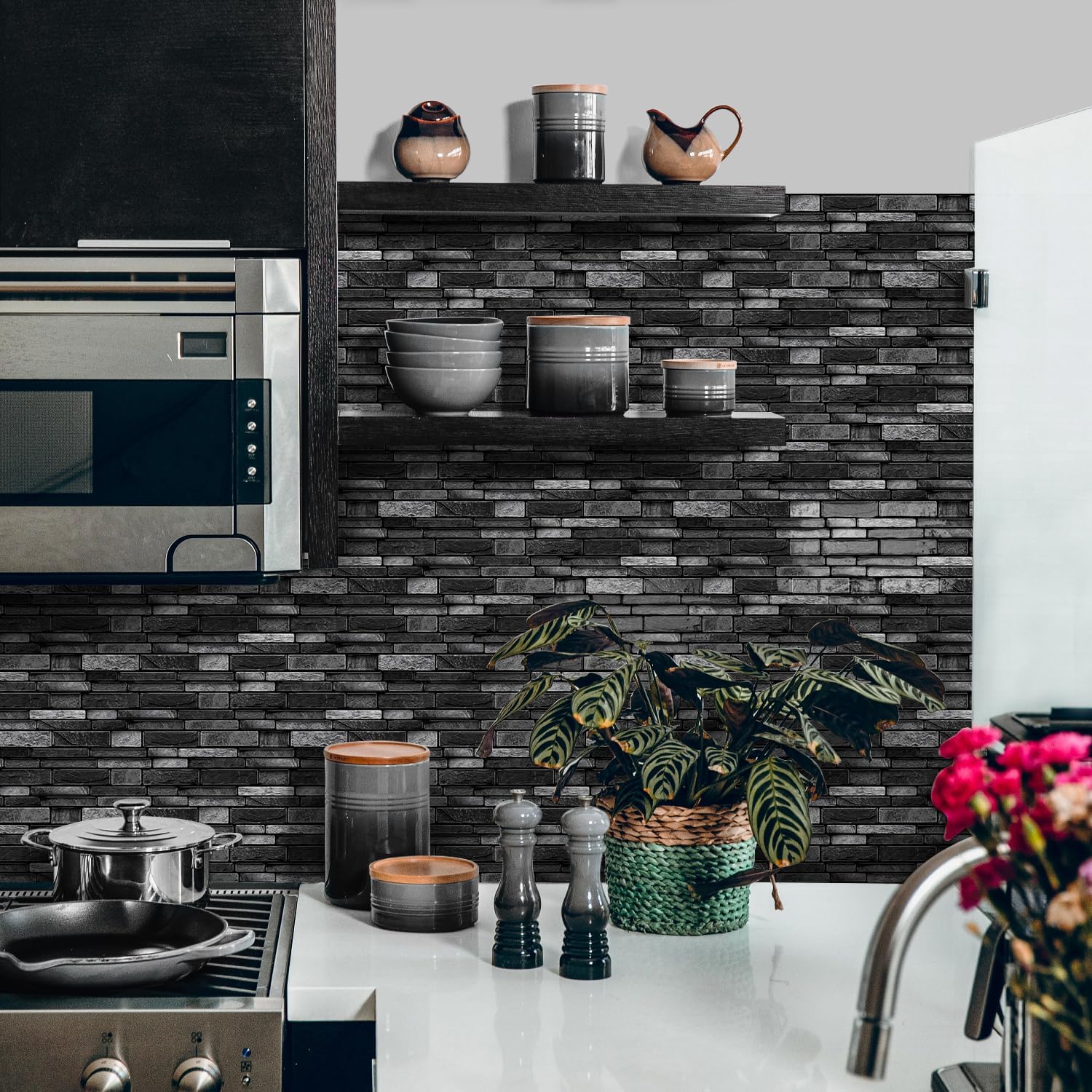 3D Textured Peel and Stick Backsplash Tiles - 20 Sheets 9.69"x4.72" Waterproof Self-Adhesive Tile for Kitchen, Bathroom - Black