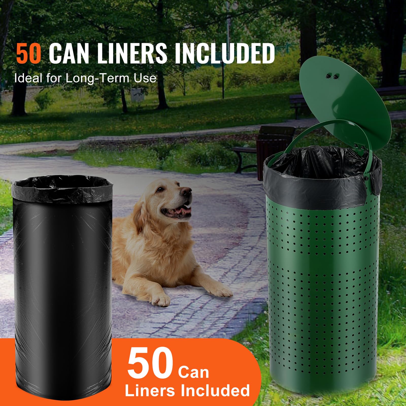 VEVOR Bote de Basura para Excrementos de Perro de 43 L con 50 Bolsas de Revestimiento, Tapa y Clip de Revestimiento para Contenedor de Eliminación de Desechos de Mascota para Jardín, Patio, Parque