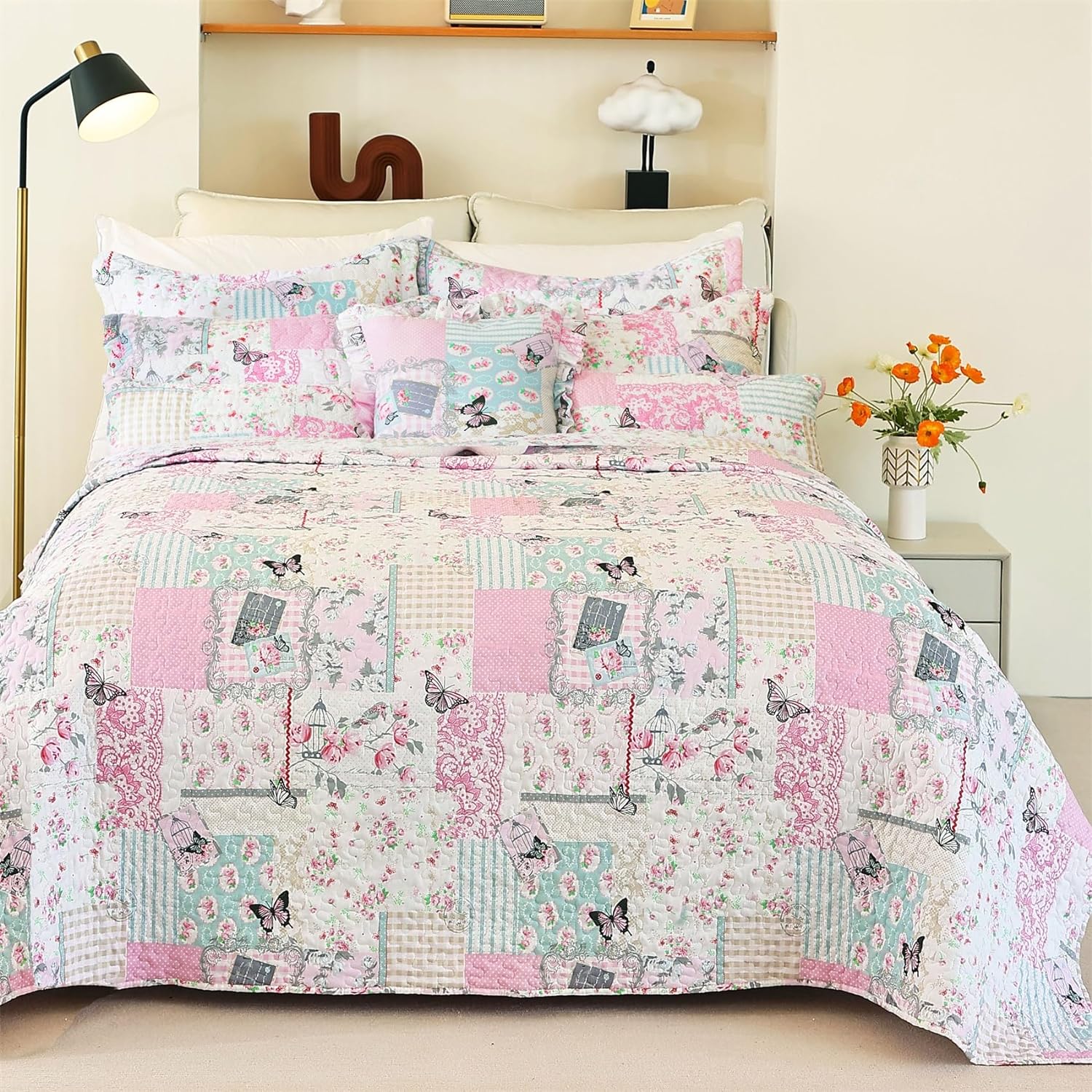 Cmfshape Garden Floral Bedding Set Queen,Reversible Quilted Bedspread,Pink Butterfly Quilt Set,Reversible Stitched Coverlet with 2 Pillow Shams(Queen92 x96 Pink)
