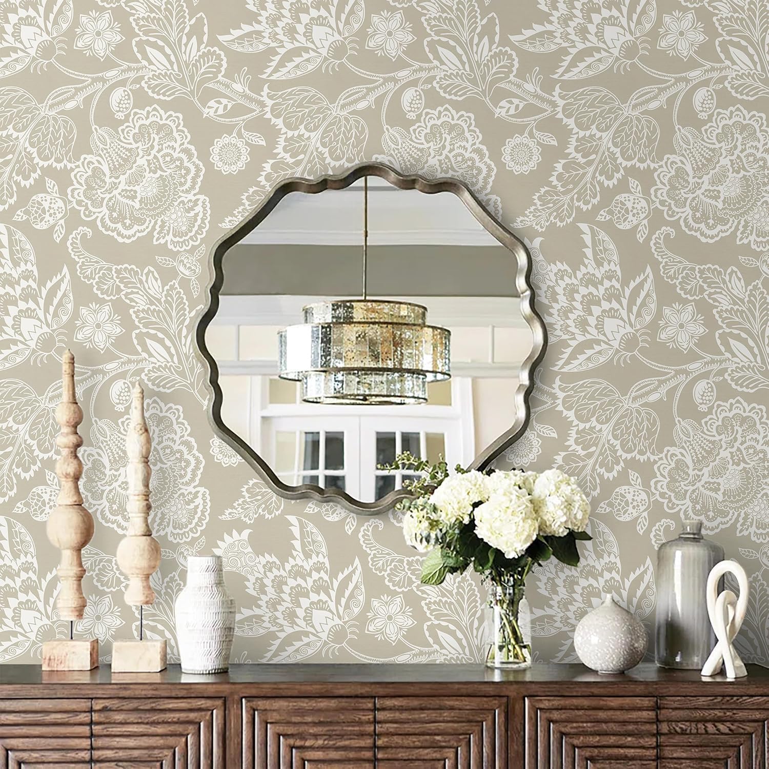 Vinjiasin Peel and Stick Wallpaper Boho Floral Wall Paper for Bathroom Vintage Removable Self Adhesive Wallpaper for Bedroom Accent Wall Neutral Flower Contact Paper Farmhouse Vinyl Roll 17.3"x 78.7"