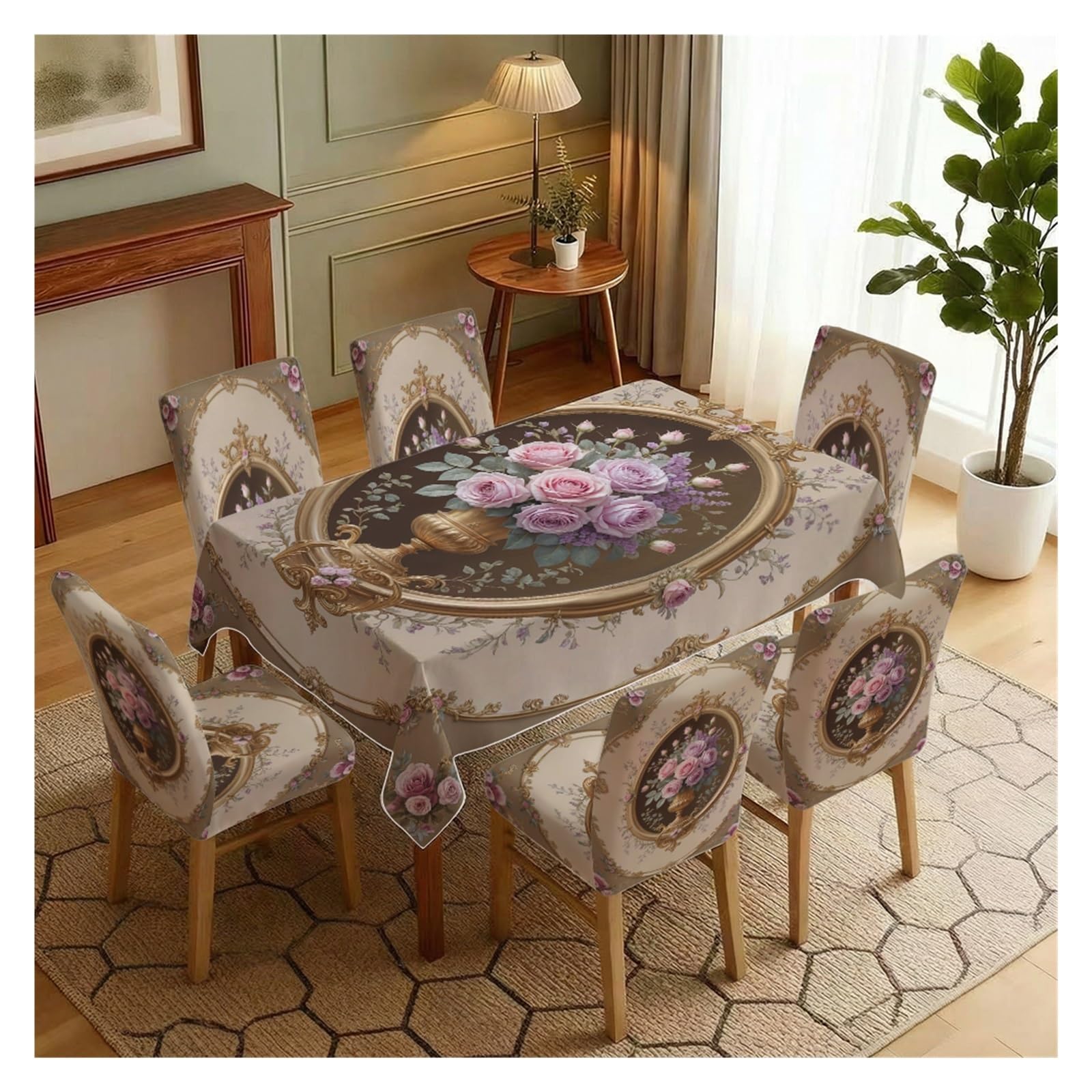 BOSUYBN Vintage Pink Rose Gold Baroque Oval Vase Floral Dining Tablecloth & Chair Covers Set, 5/7 Piece Elegant Victorian Farmhouse Dining Home Decor Table Setting(7pcs Set: Tablecloth+Chair Covers)