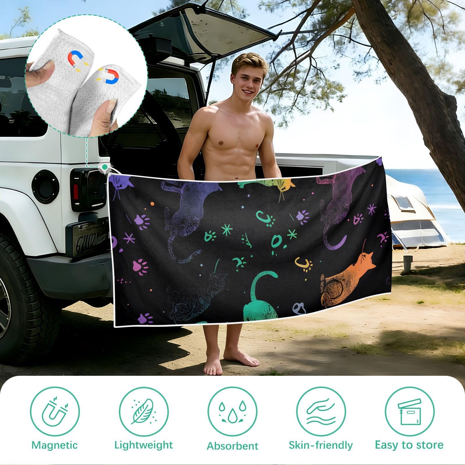 Grande serviette de plage avec sacs en maille pour adultes, chats magiques et pattes – Serviette de bain colorée avec fermeture magnétique, anti-sable, absorbante à séchage rapide pour piscine