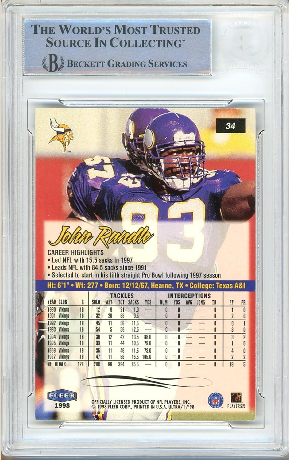 John Randle Autographed 1998 Fleer Ultra #34 Football Trading Card Slab Beckett BAS Authentic Slabbed COA Played For Minnesota Vikings NFL