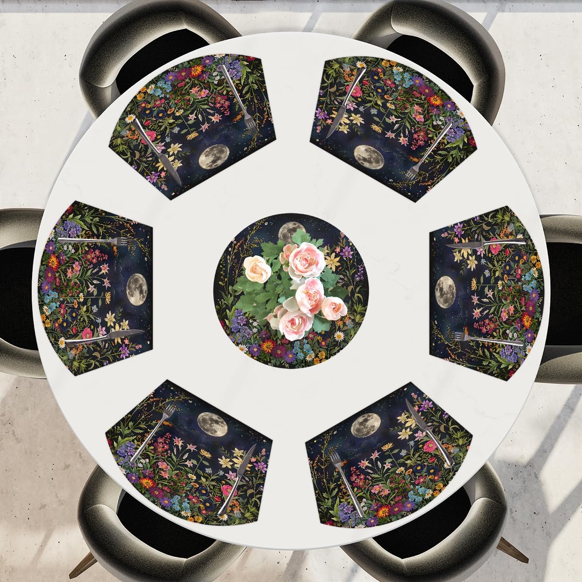 Wedge Placemats Set of 6 PVC Flower Garden Moon Wedge Table Placemats and 1 Round Plates Mat Non-Slip Heat Resistant Washable Table Mats for Kitchen Dining Table Party Patio Decor