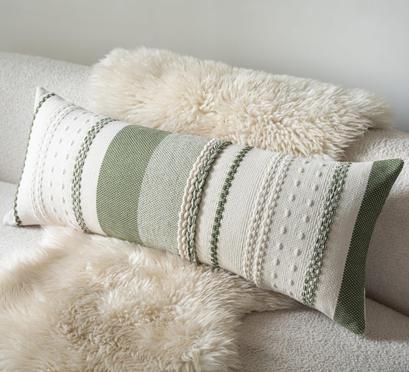 Cethom Boho Lumbar Pillow Covers 14x36 Inch Long, Green Textured