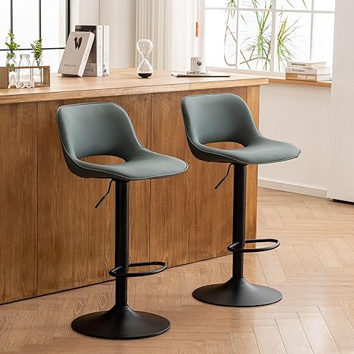 Miniatura 9 de YOUNIKE Juego de 2 taburetes de bar modernos giratorios, taburetes de bar ajustables de altura de mostrador, taburetes tapizados de piel sintética