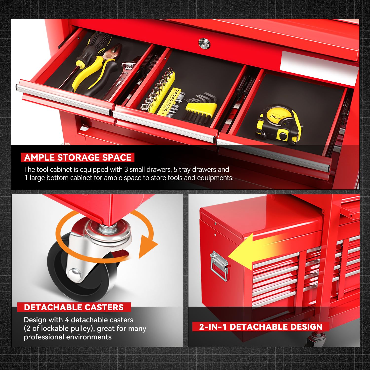 Auto Dynasty 2pcs 2-in-1 Tool Cabinet Set with Detachable Rolling High-Capacity Storage Organizer for Garage and Workshop Use, Red