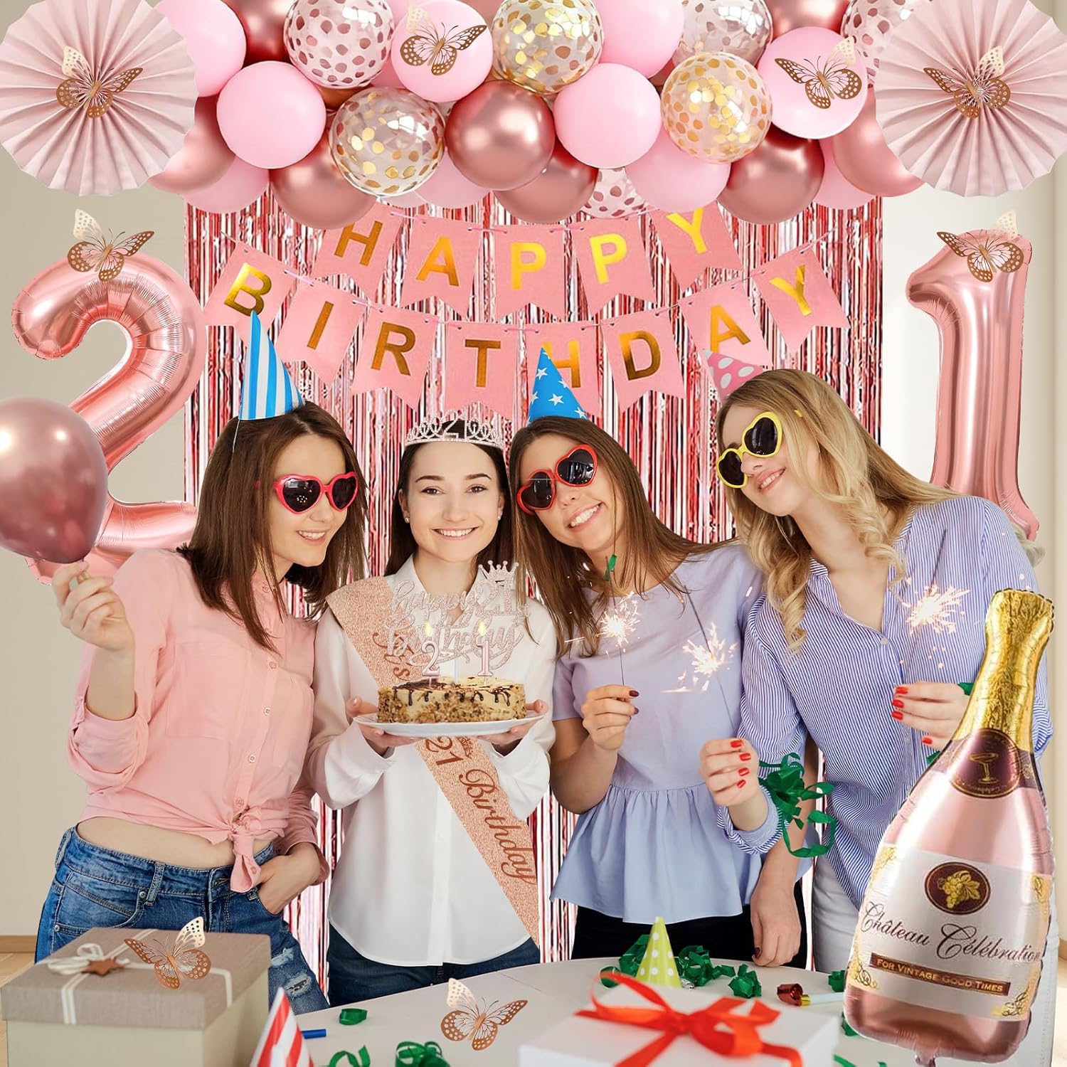 21st Birthday Decorations for Her, Rose Gold Happy 21st Birthday Decorations for Girls, 21 Sash and Crown, Banner, Fringe Curtains, Hanging Paper Fans, 21 Year Old Party Supplies Set
